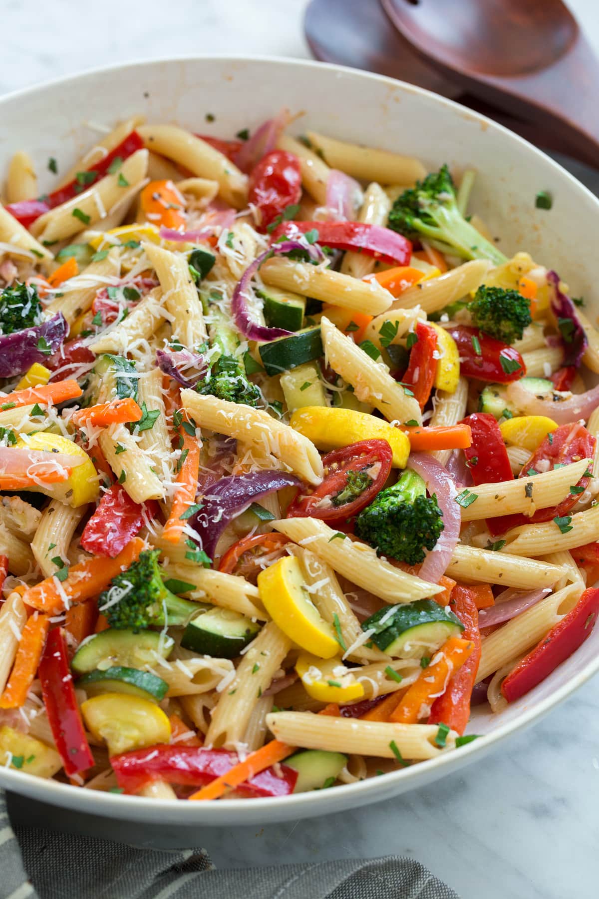 Cold Penne Pasta Salad with Roasted Vegetables and Basil Vinaigrette