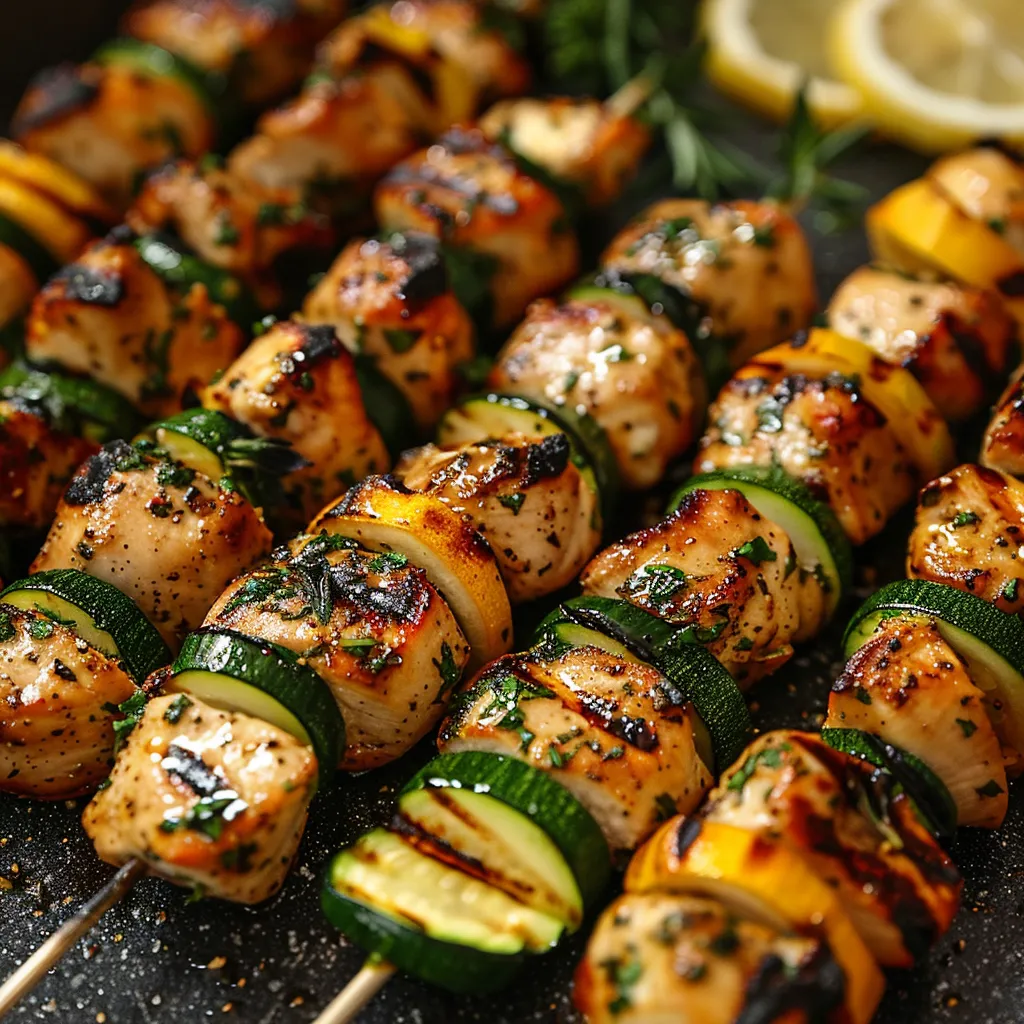 Grilled Lemon-Thyme Chicken Skewers with Zucchini Ribbons