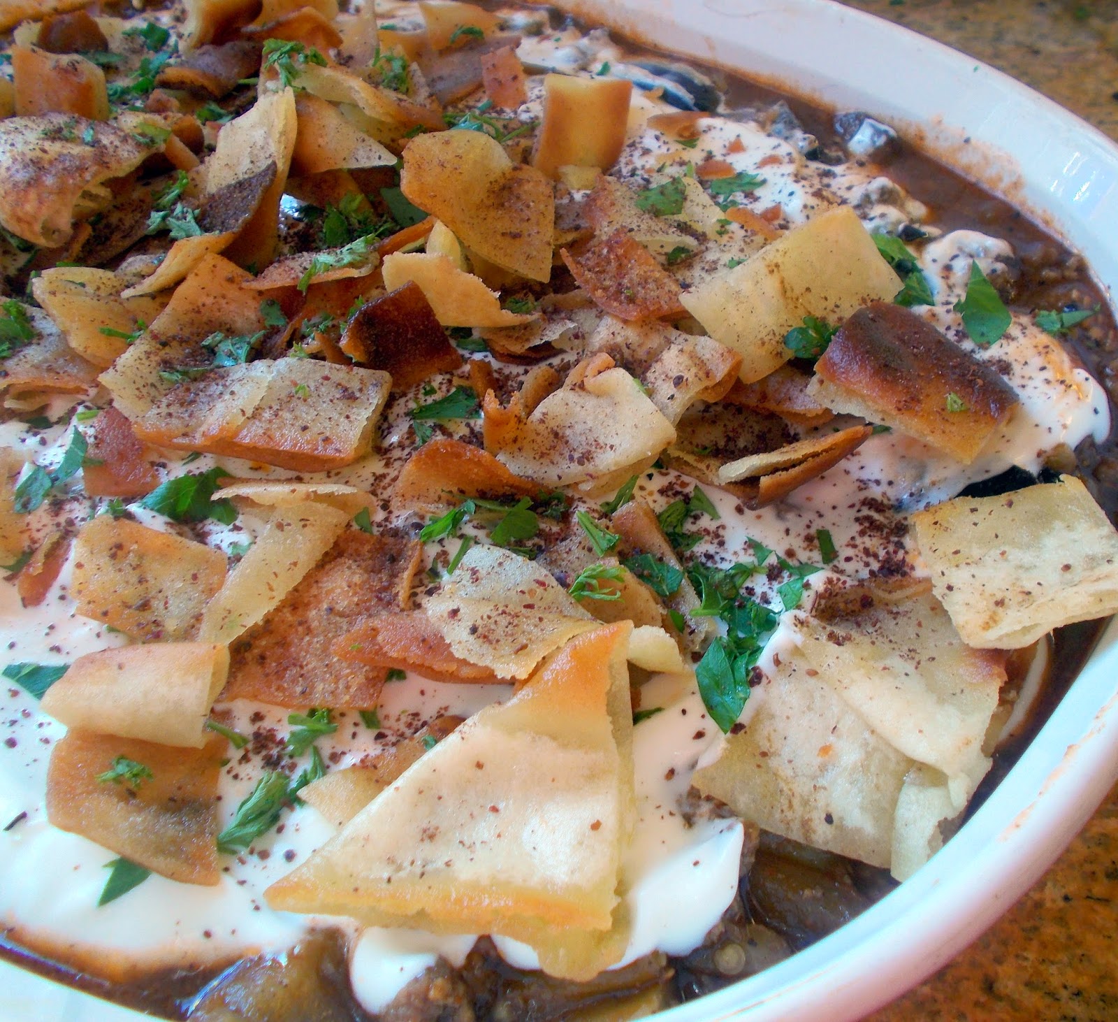 Lamb and Eggplant Fatteh with Pita and Yogurt Sauce
