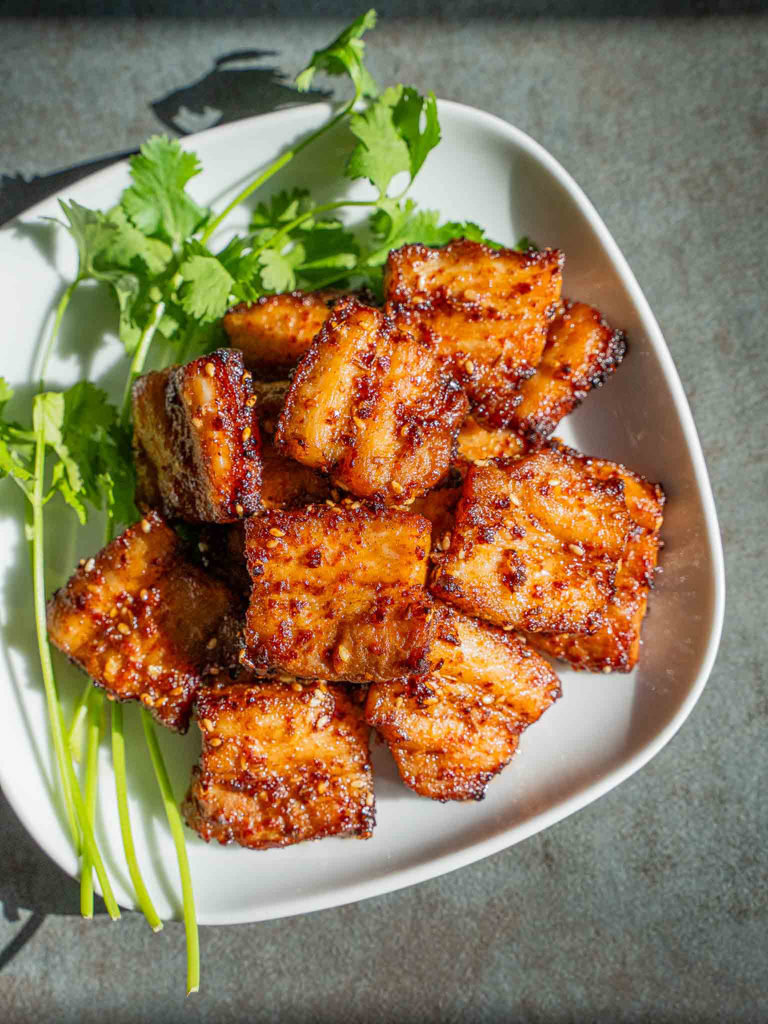 Air Fryer Crispy Pork Belly Bites with Spicy Korean Gochujang Sauce