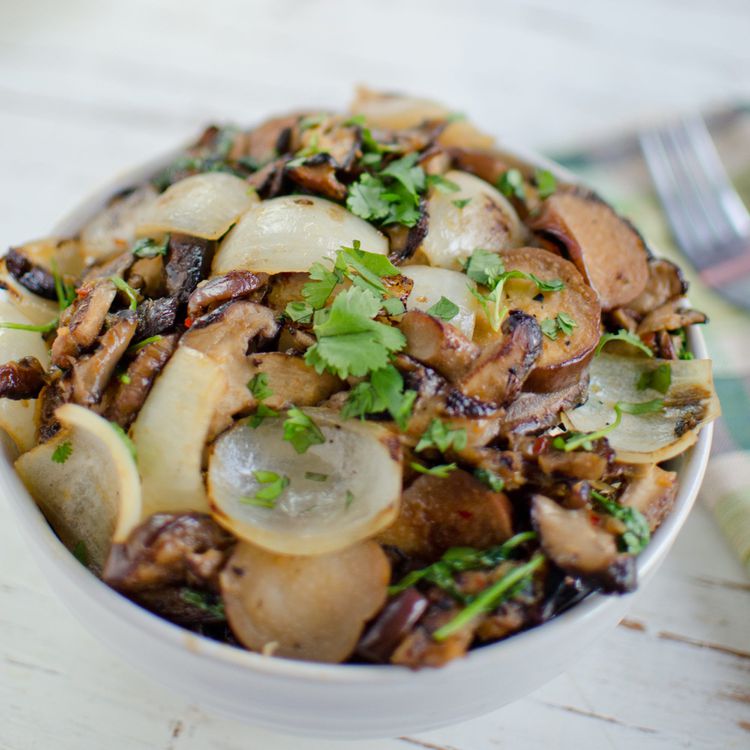 Grilled Eggplant and Shiitake Mushroom Stir-Fry with Garlic-Sesame Sauce