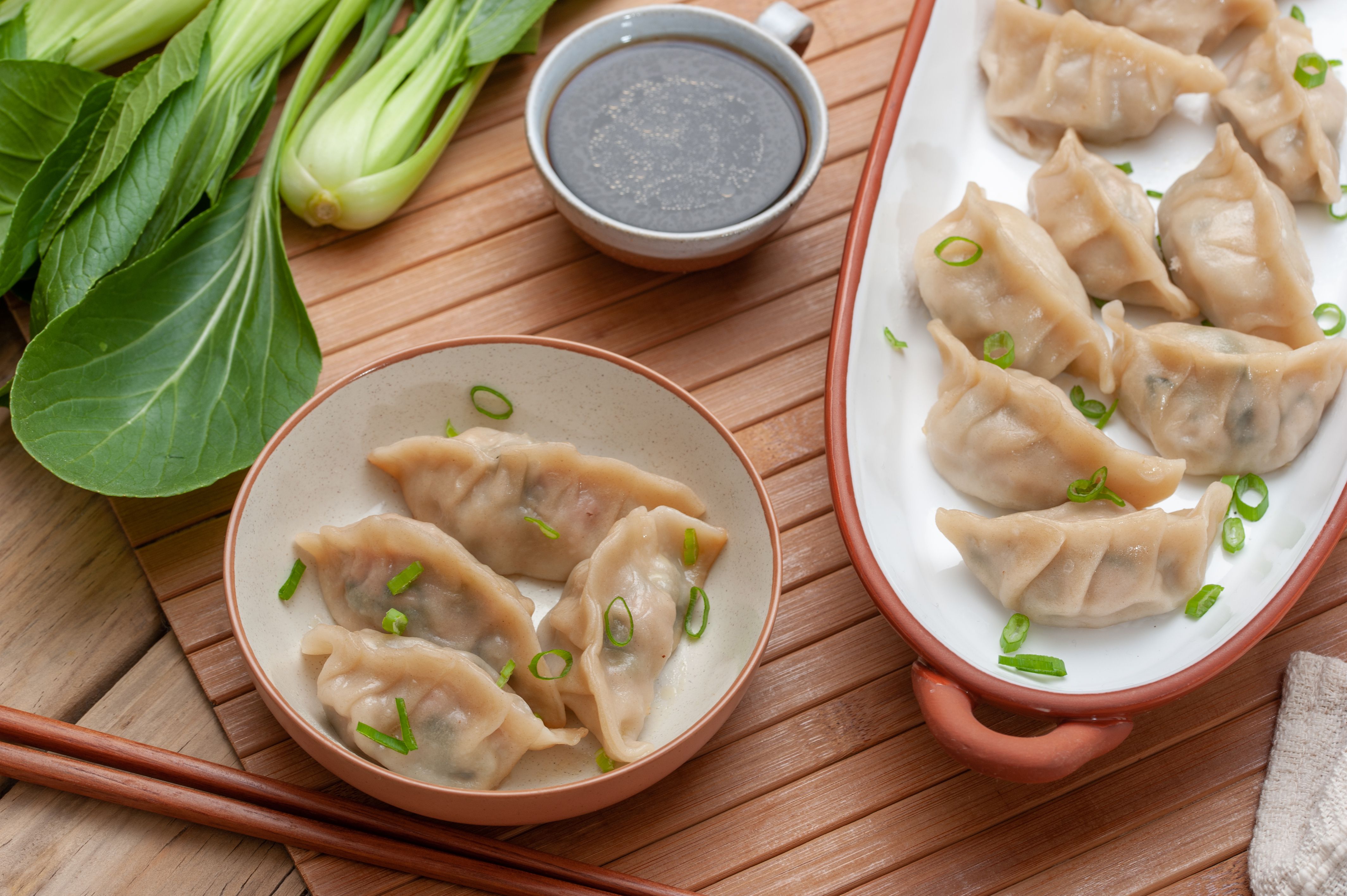 Steamed Pork and Chinese Cabbage Dumplings with Sesame Soy Dipping Sauce