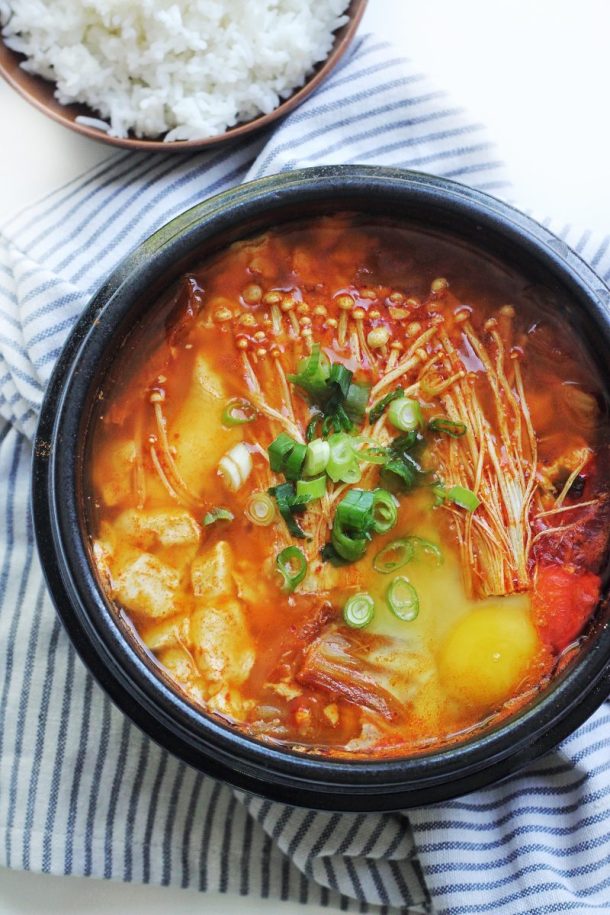 Korean-Style Spicy Tofu Stew with Soft Silken Tofu and Mushrooms