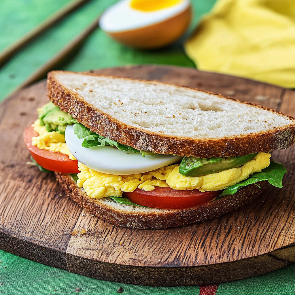 Soft-Boiled Egg and Avocado Breakfast Sandwich on English Muffin