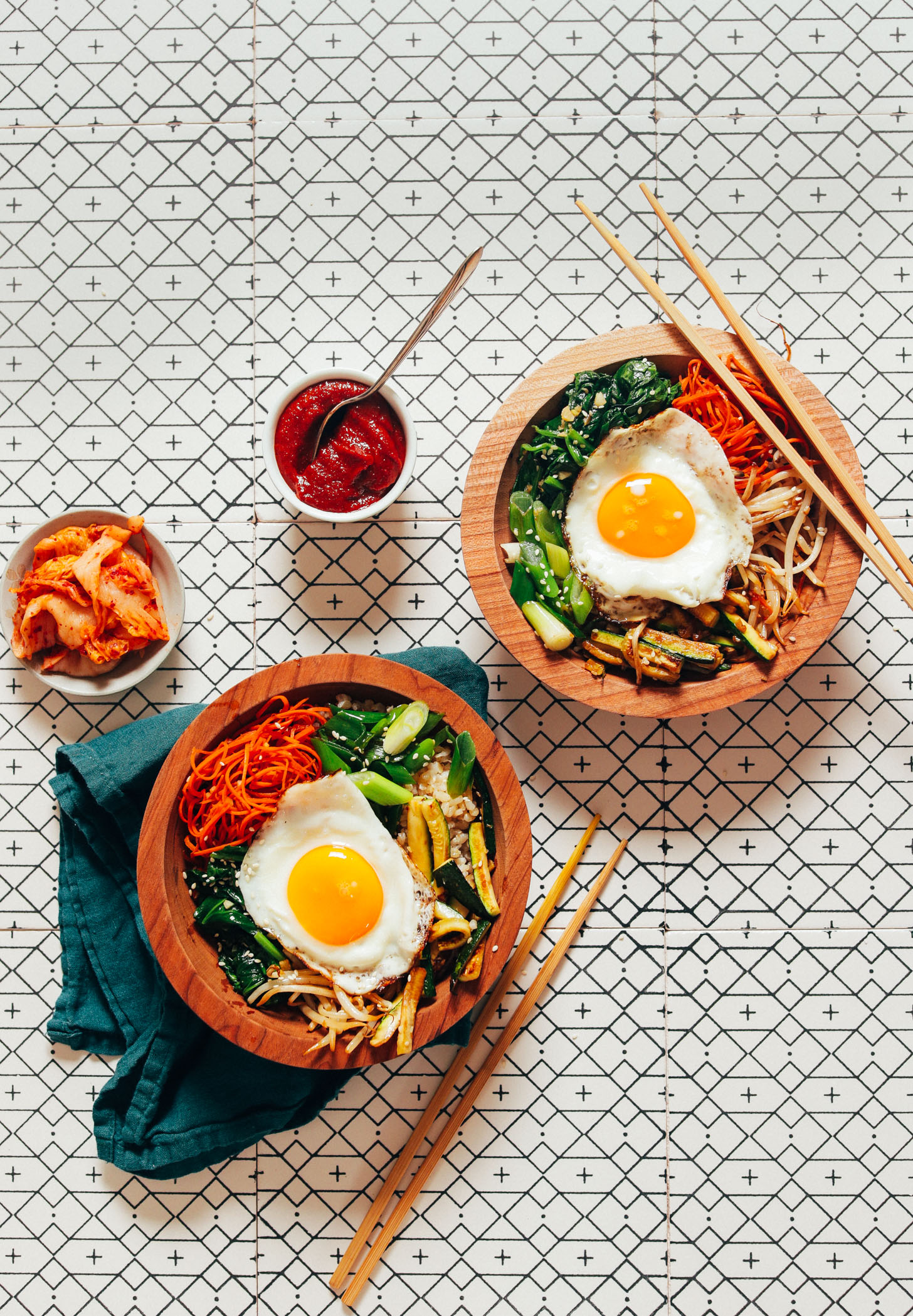 Vegetable Namul Bibimbap with Fried Egg and Sesame Gochujang Drizzle