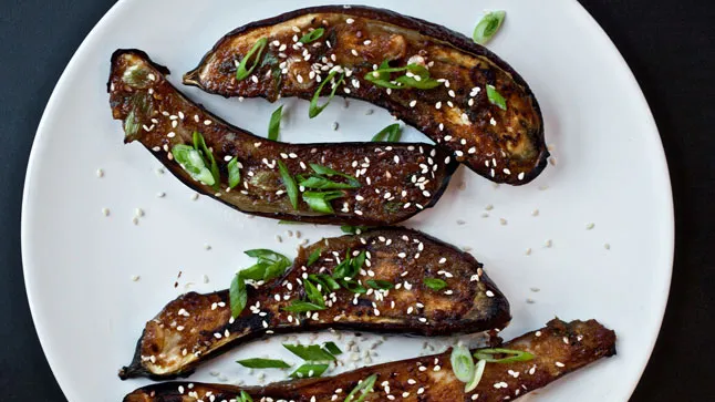 Miso-Glazed Eggplant Donburi with Pickled Ginger