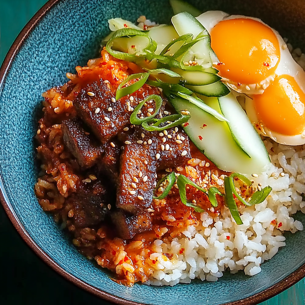 Kimchi-Rice Bowl with Fried Egg and Sesame Spinach