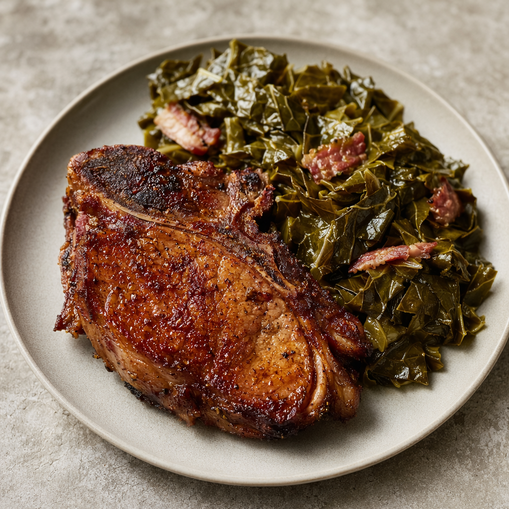 Old Southern Smoked Pork Chops with Collard Greens