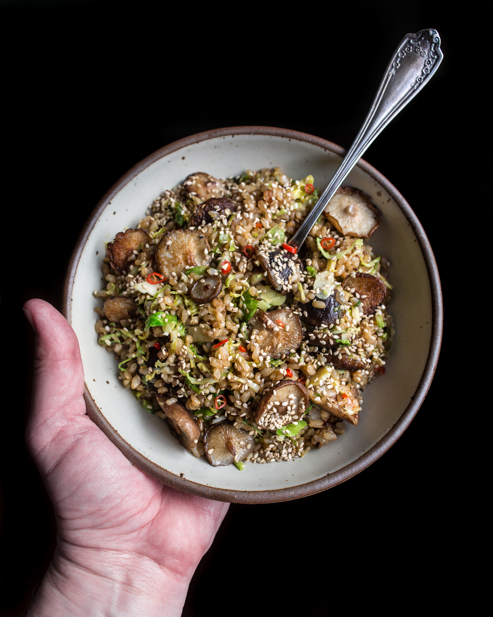 Sautéed Shiitake and Spinach Rice Bowl with Sesame Dressing