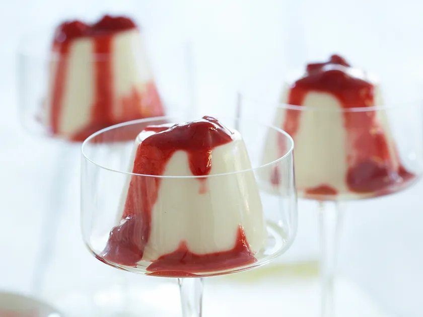 Chocolate and Rosewater Panna Cotta with Raspberry Coulis