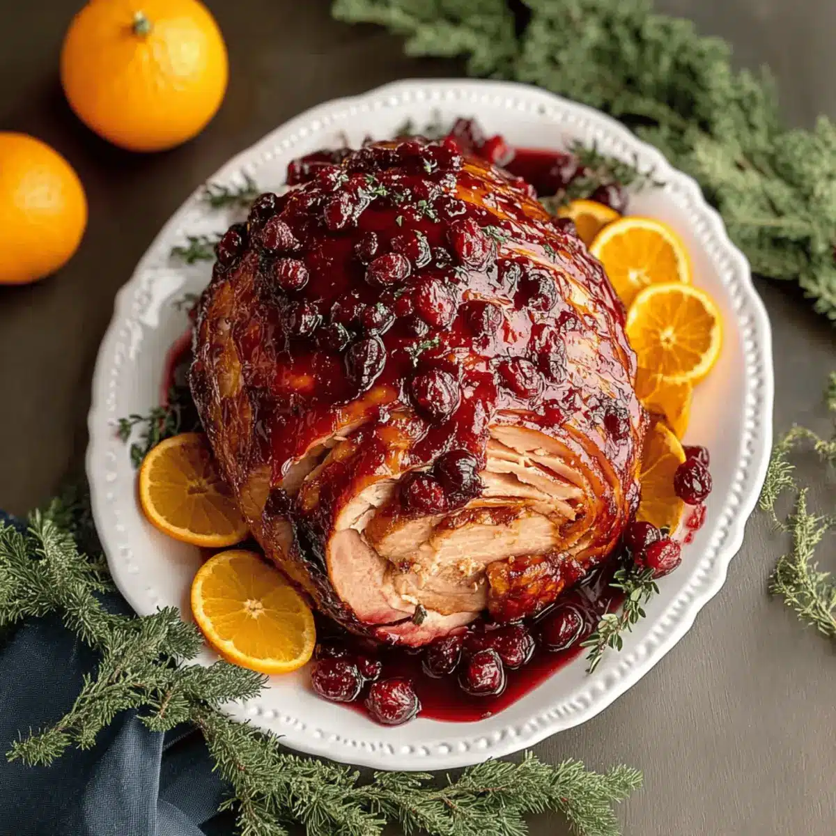 Cranberry-Orange Glazed Ham Steaks with Spiced Sweet Potato Mash