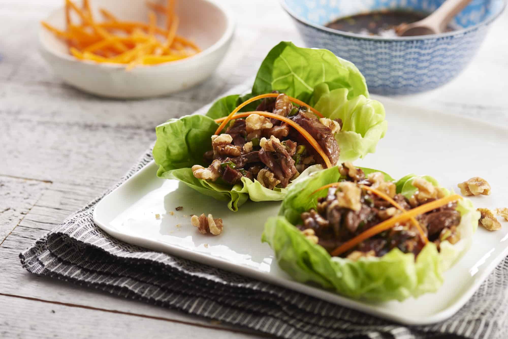 Spiced Lamb Lettuce Wraps with Mint and Walnut