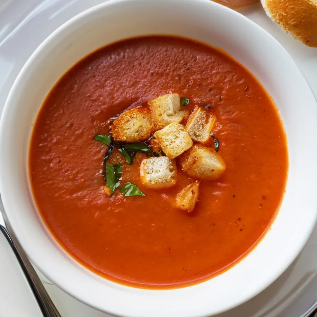 Golden Sunset Tomato & Herb Soup with Crispy Herb Croutons