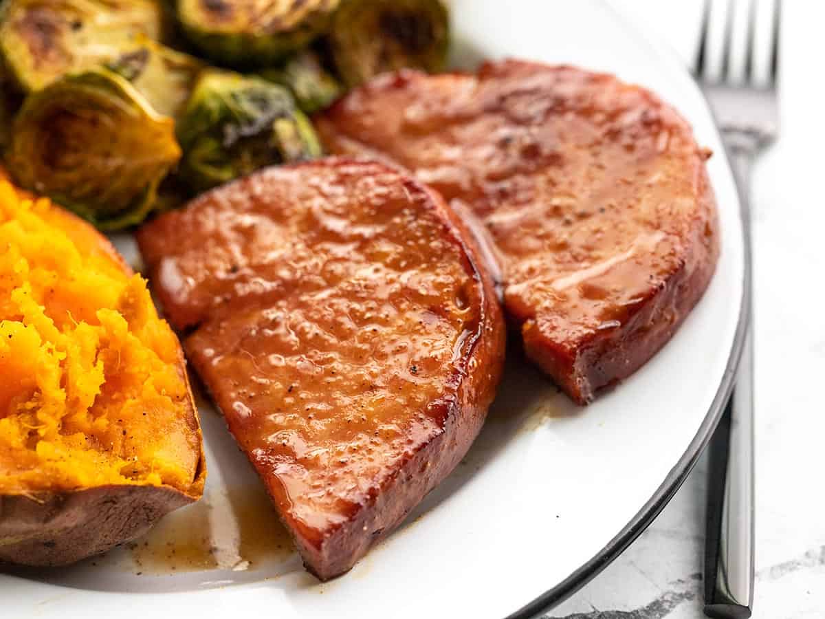 Pan-Seared Ham Steaks with Honey-Balsamic Glaze and Garlic Roasted Potatoes