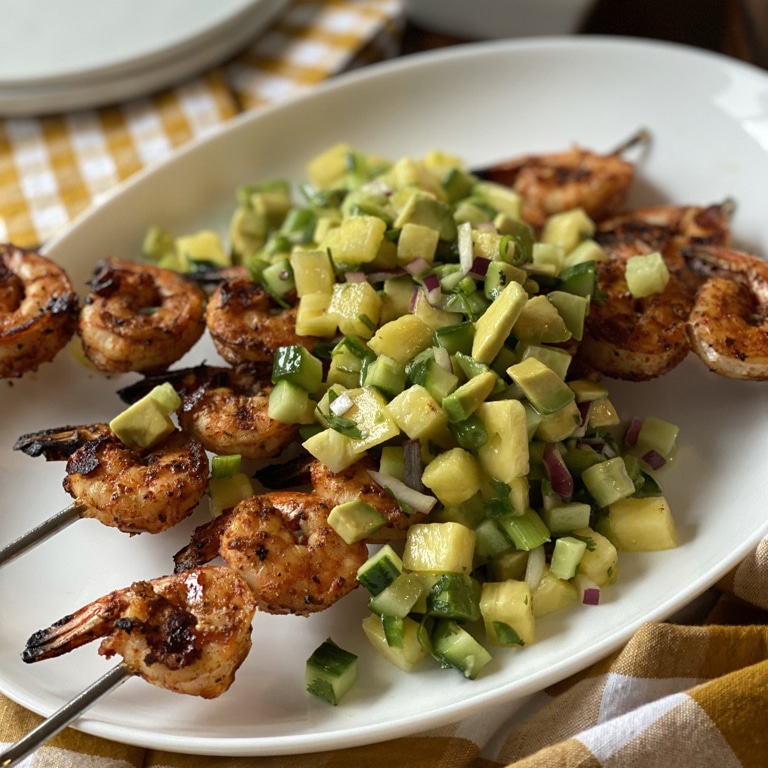 Grilled Honey-Lime Shrimp Skewers with Avocado Salsa