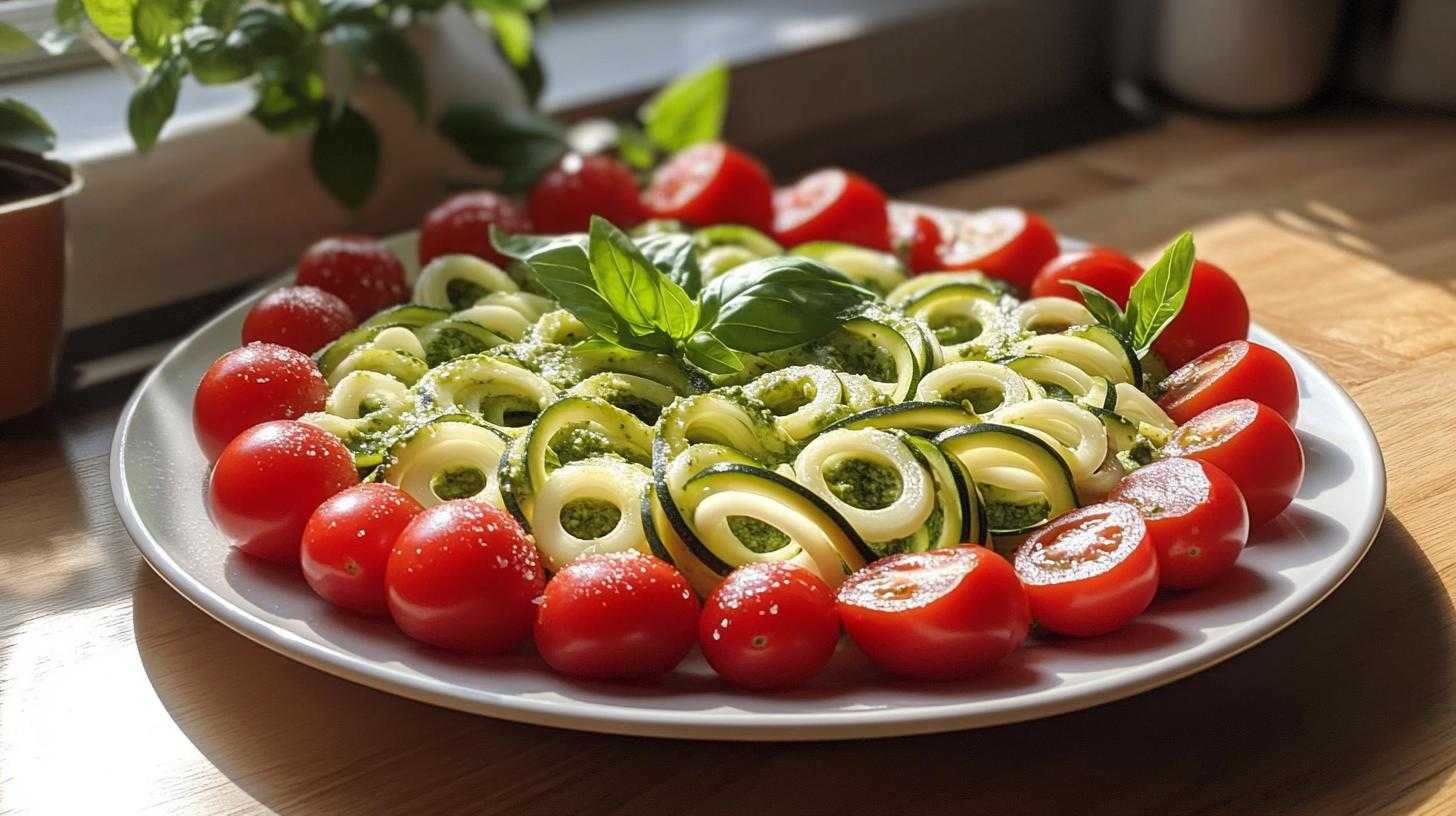 Low-Carb Zucchini Noodles with Pesto and Cherry Tomatoes