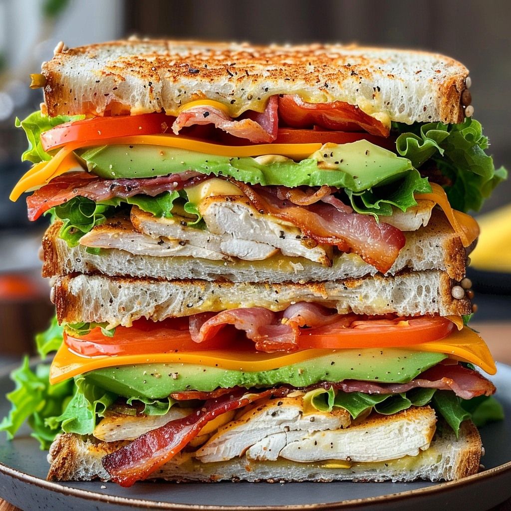 Layered Turkey Club with Bacon and Tomato on Toasted Bread