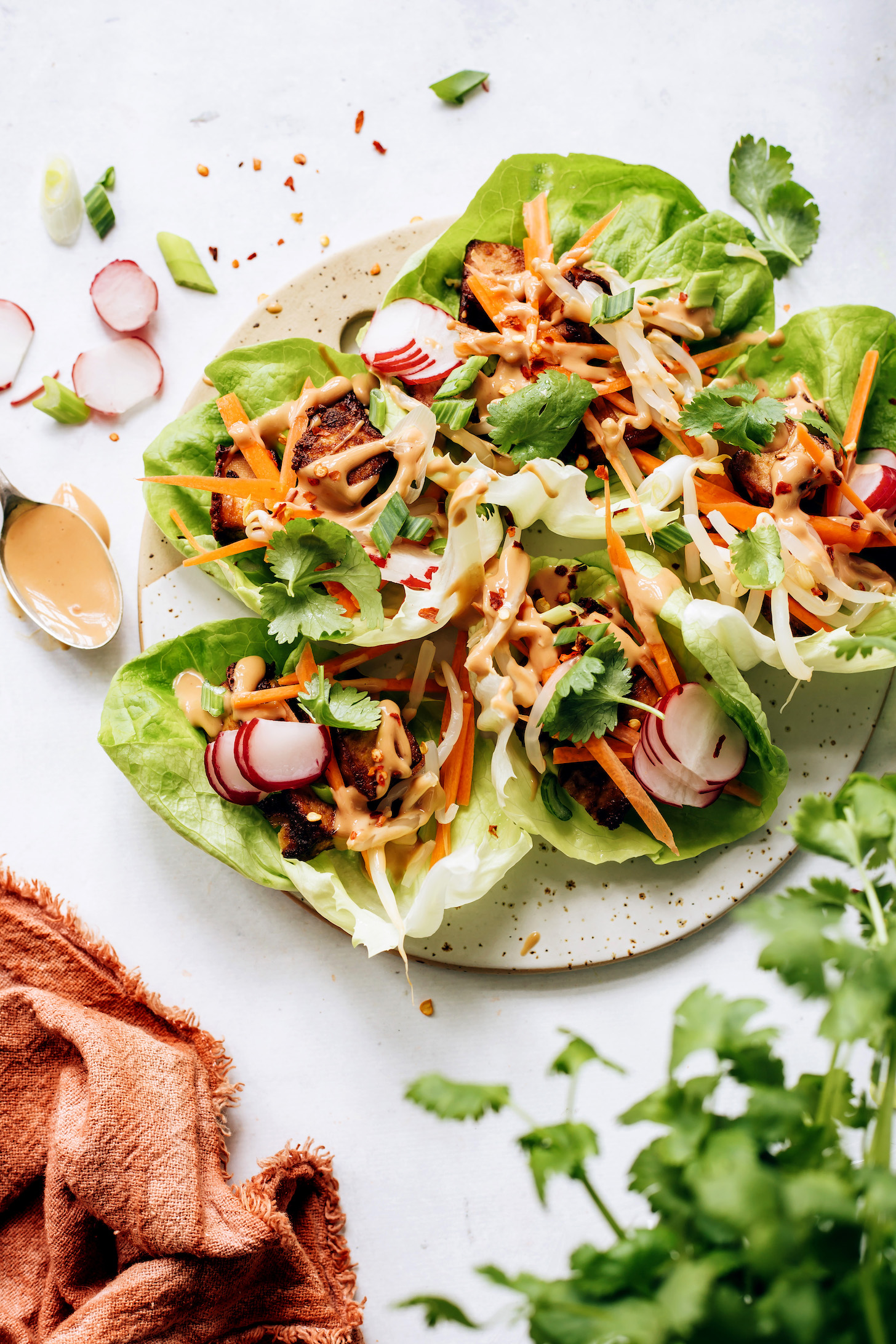Sesame-Ginger Tofu Lettuce Wraps with Peanut Sauce