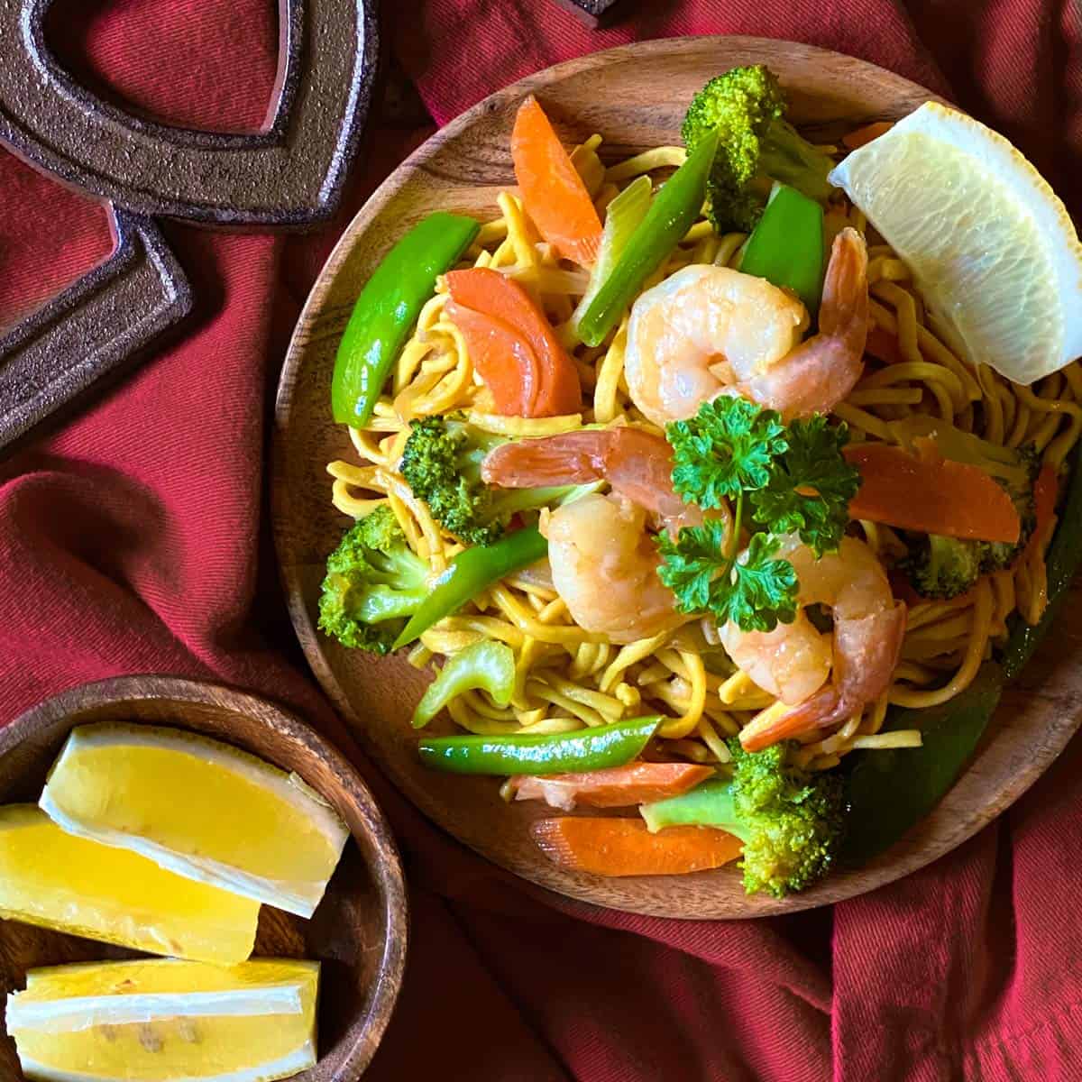 Pancit Miki with Shrimp and Mixed Vegetables