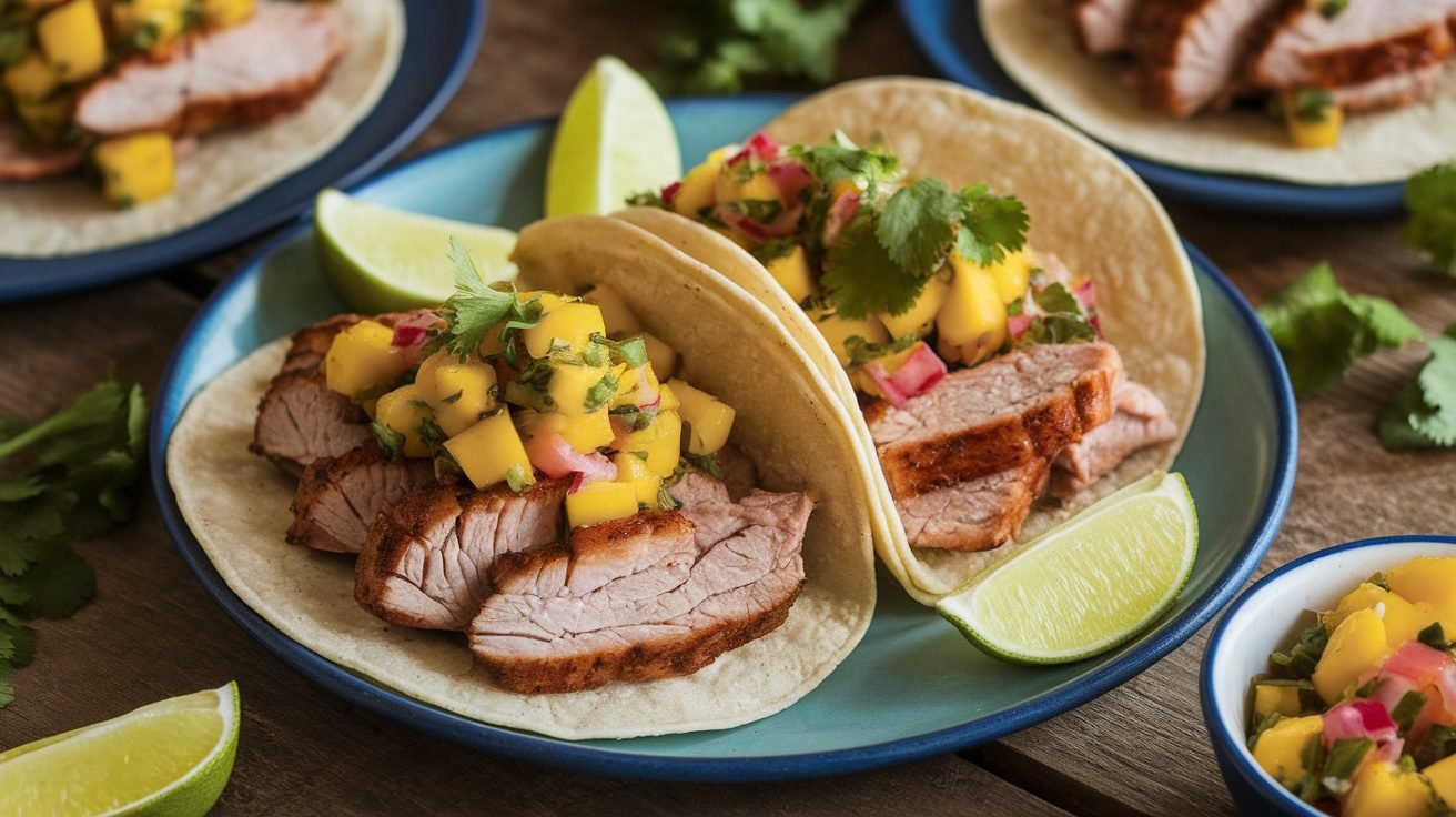 Spicy Pork and Mango Tacos with Cilantro-Lime Slaw