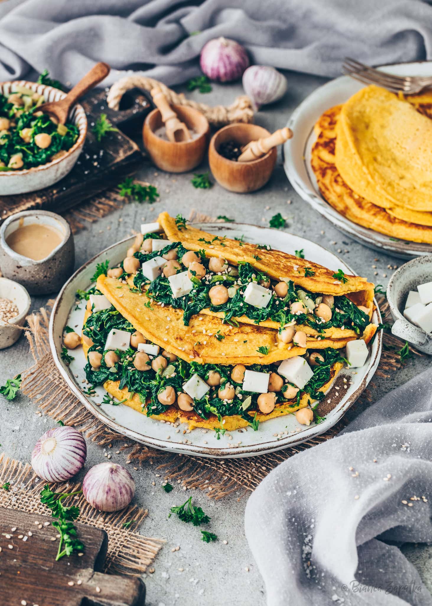 Gluten-Free Chickpea Flour Pancakes with Spinach and Herbs