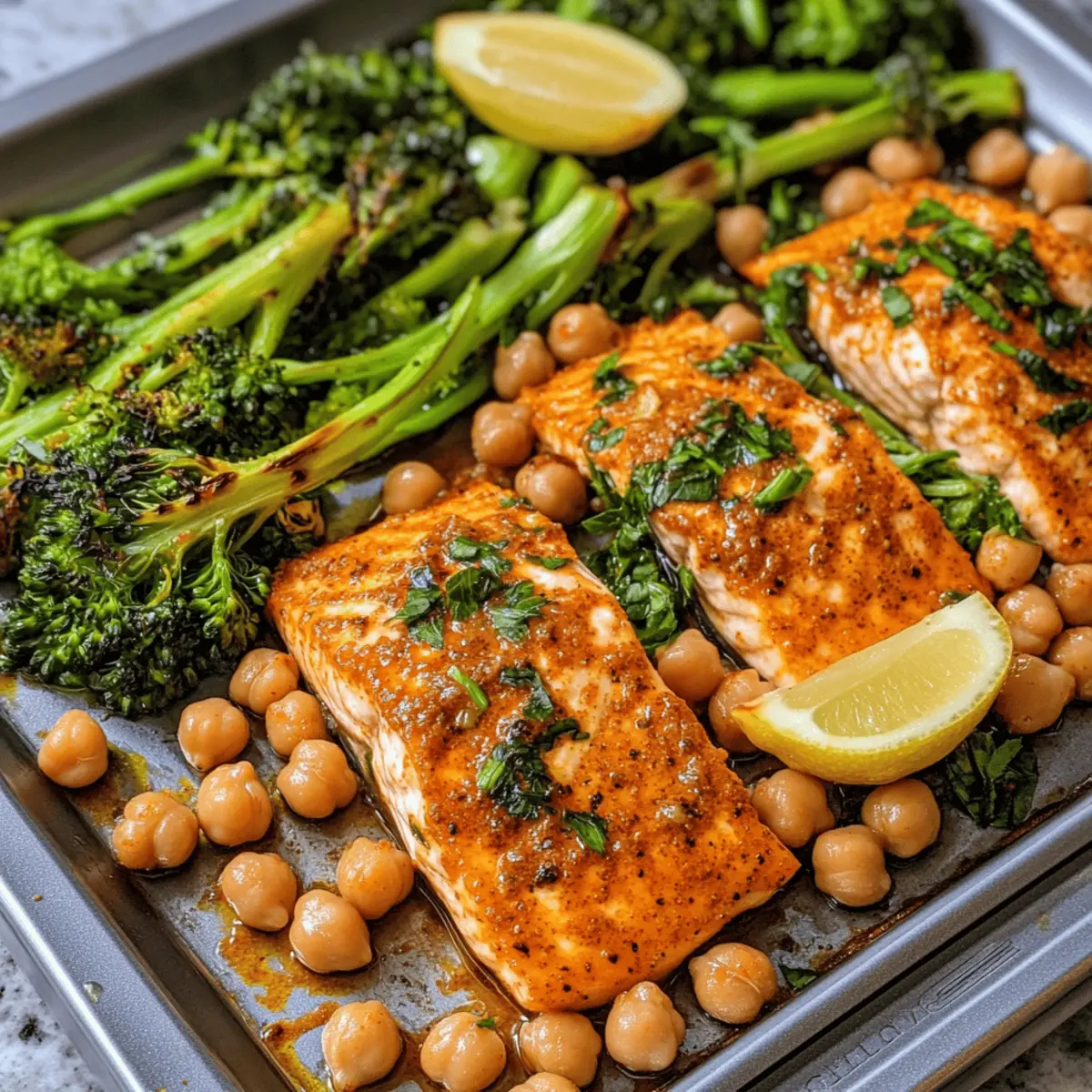 Quick Sheet Pan Harissa Salmon with Roasted Chickpeas