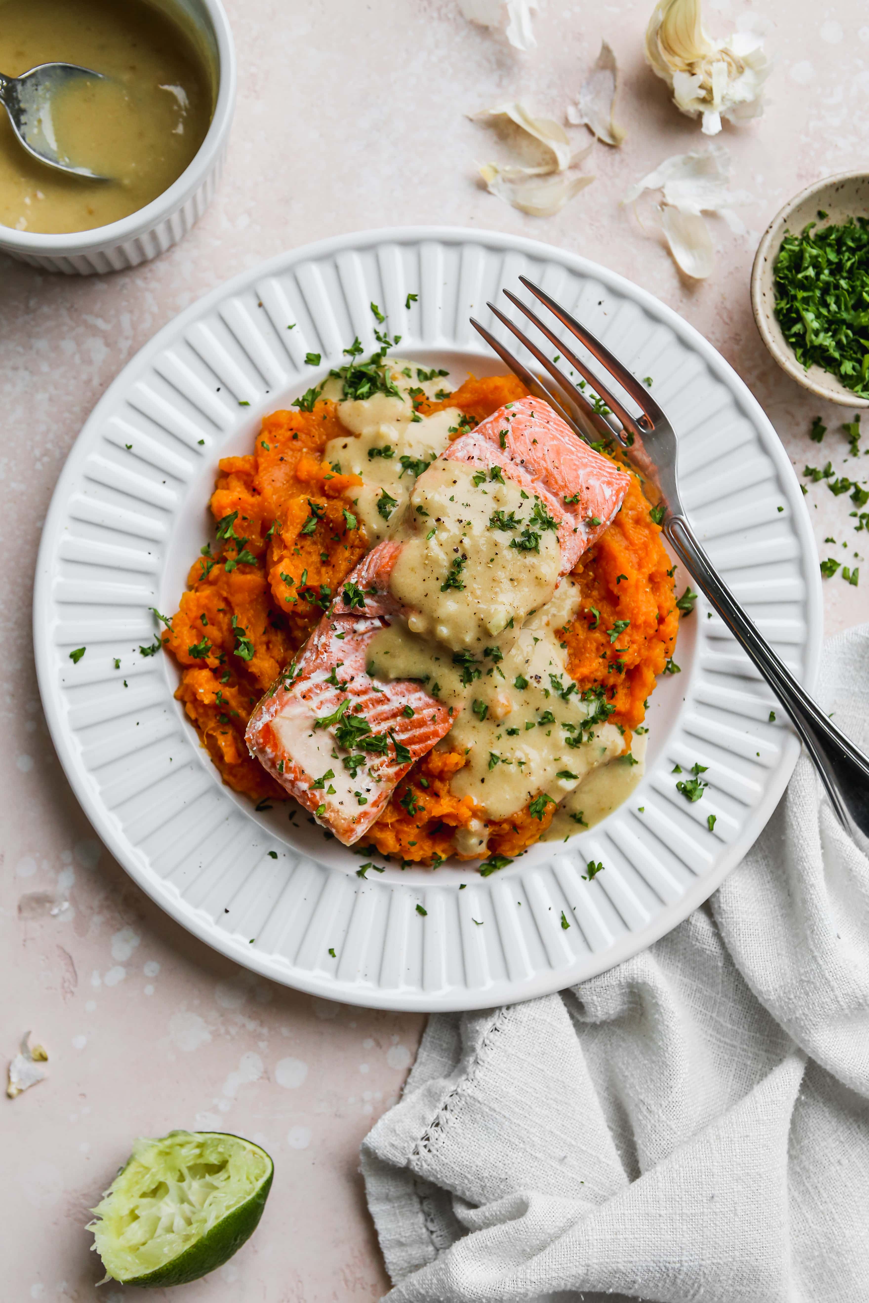 Pan-Seared Salmon with Garlic-Rosemary Sweet Potato Mash