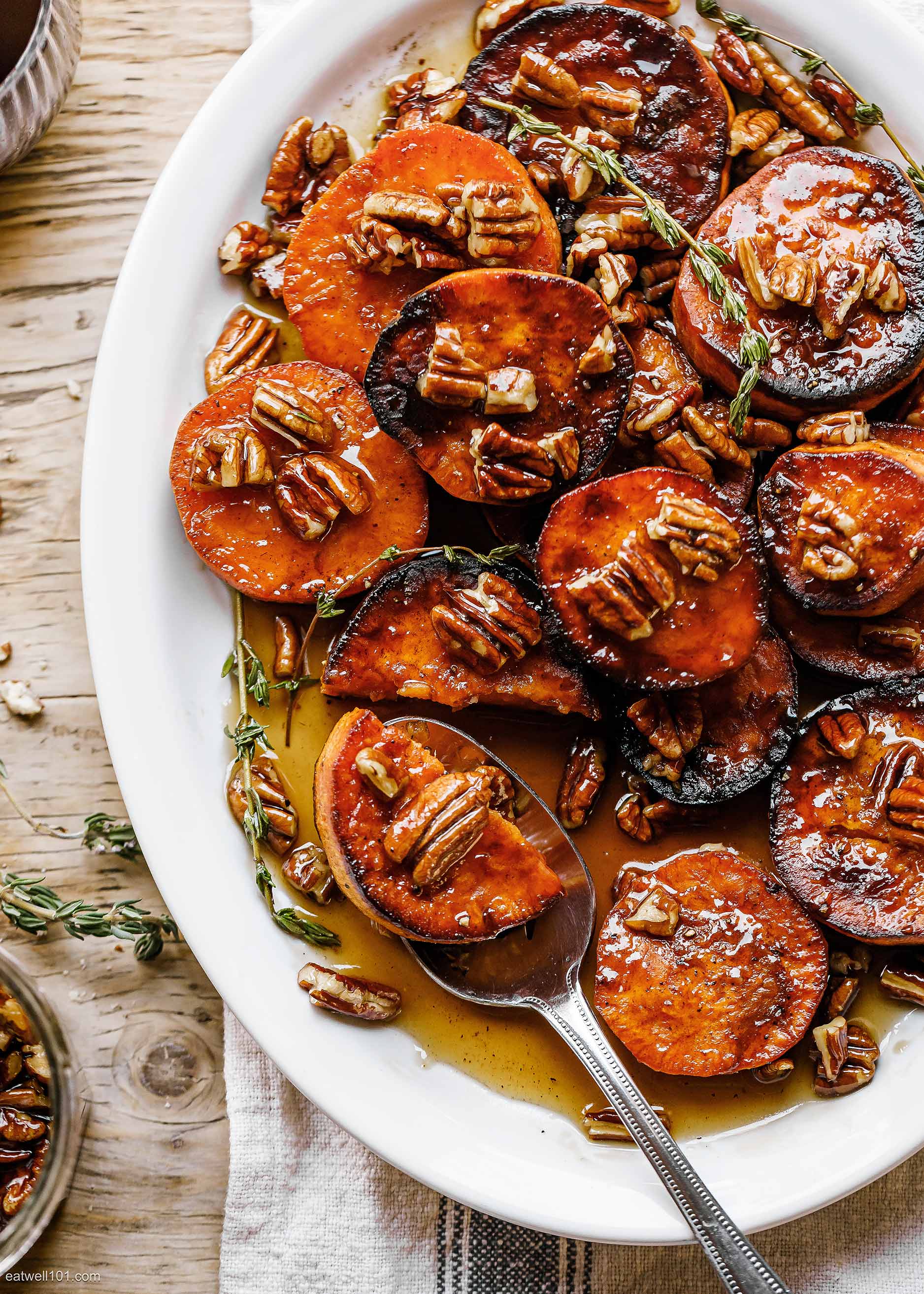 Maple-Glazed Roasted Sweet Potatoes with Toasted Pumpkin Spice Pecans