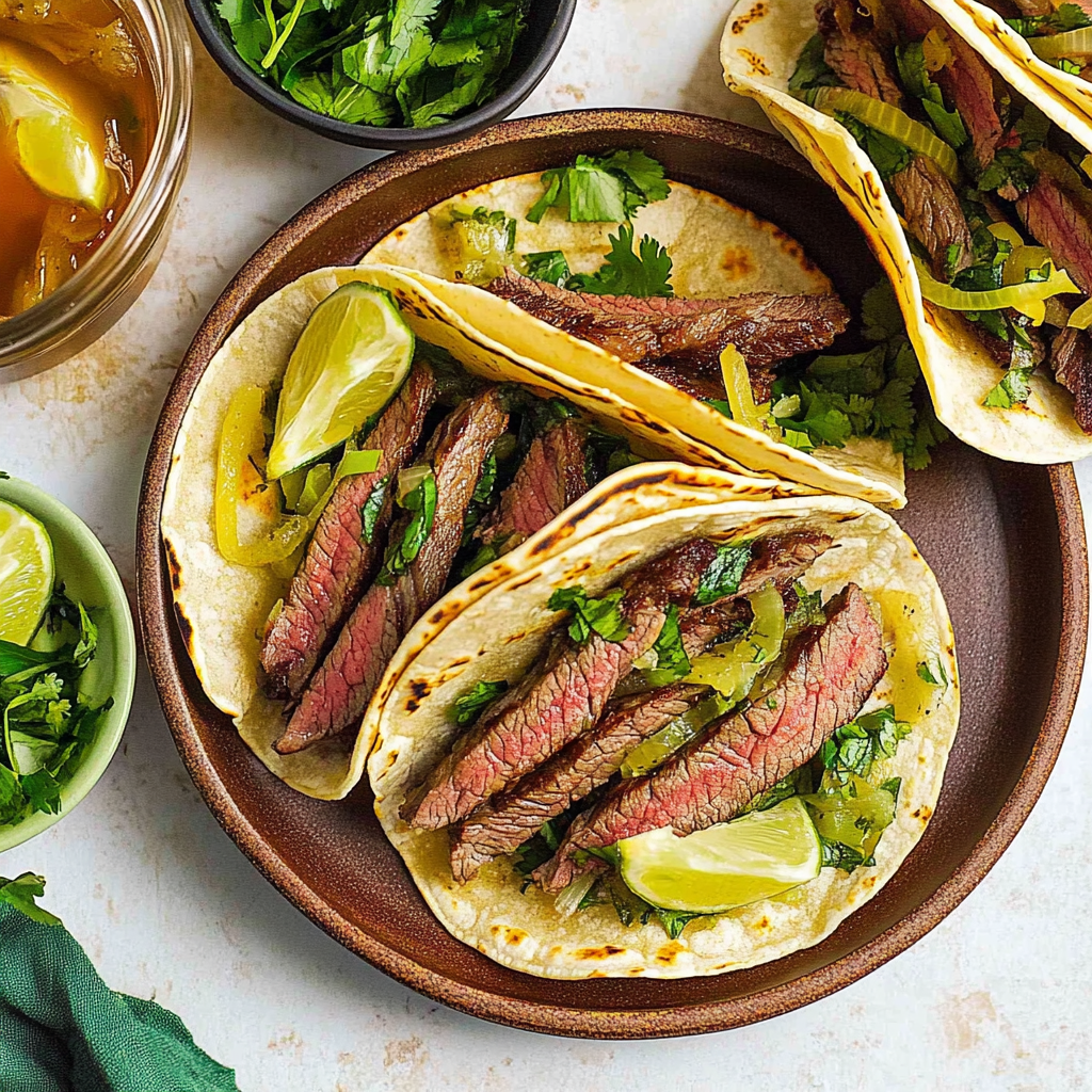 Seared Skirt Steak Tacos with Pickled Red Onion and Avocado Crema