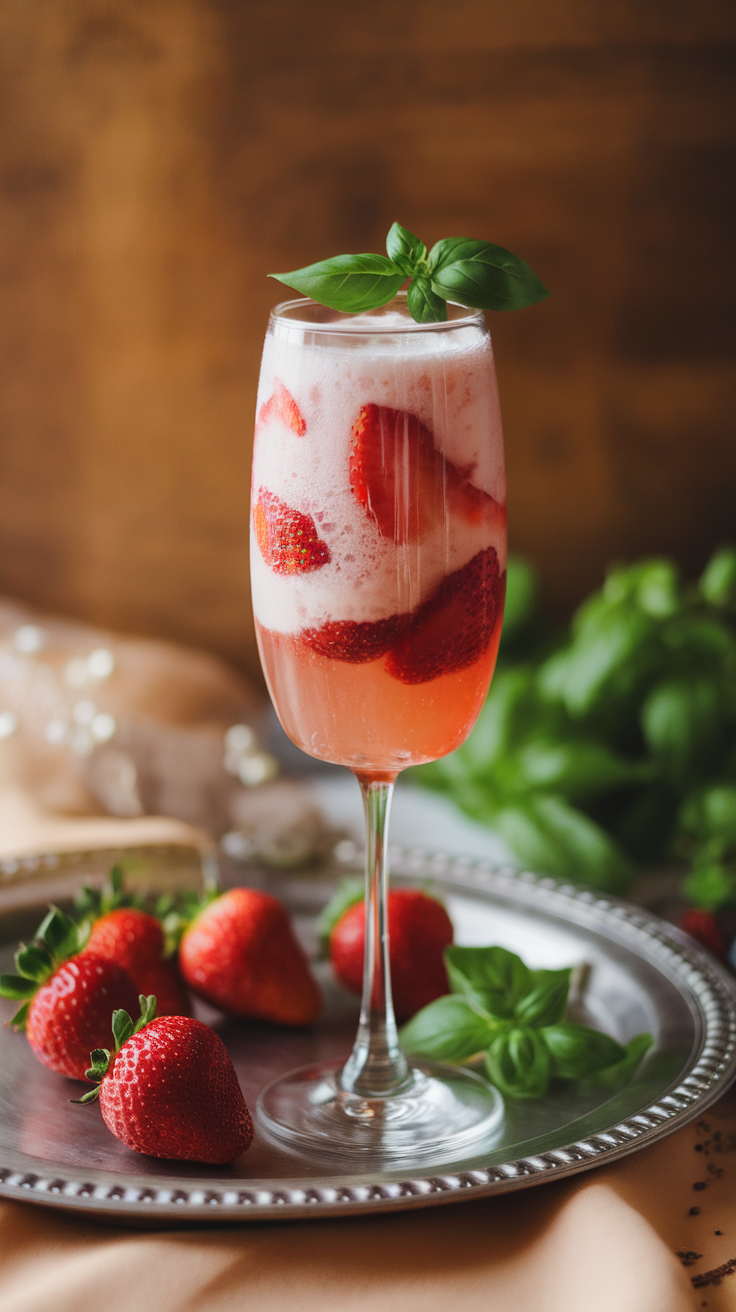 Strawberry Basil Champagne Cocktail with Honey Syrup