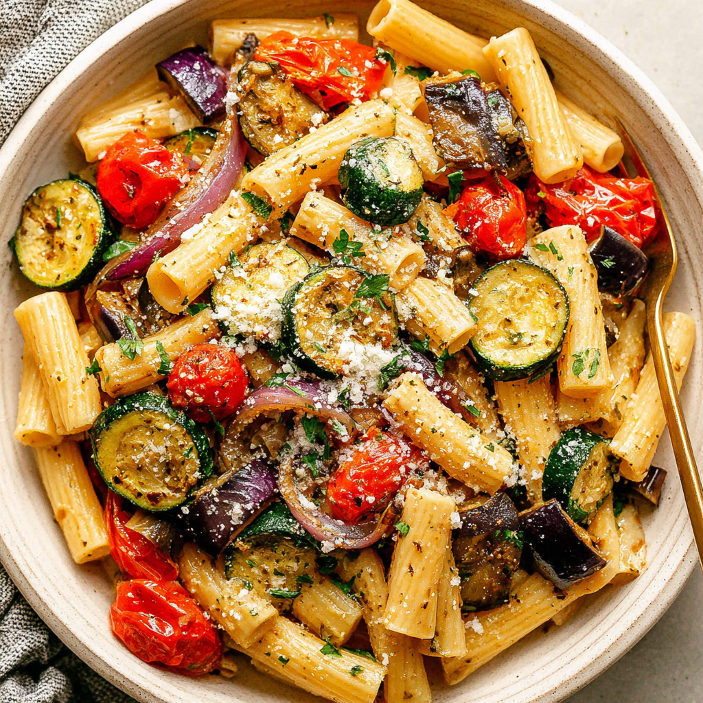 Lemon-Garlic Pasta with Roasted Vegetables and Parmesan
