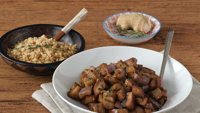 Charred Eggplant and Miso Donburi with Sesame Rice