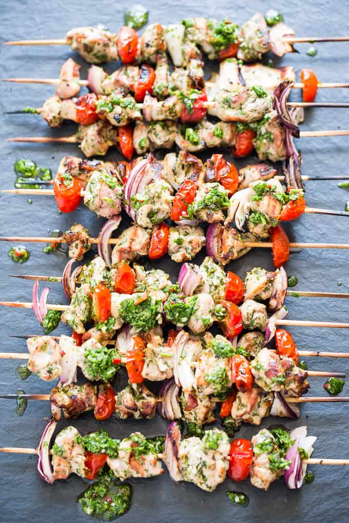 Grilled Citrus-Honey Chicken Skewers with Mint Chimichurri