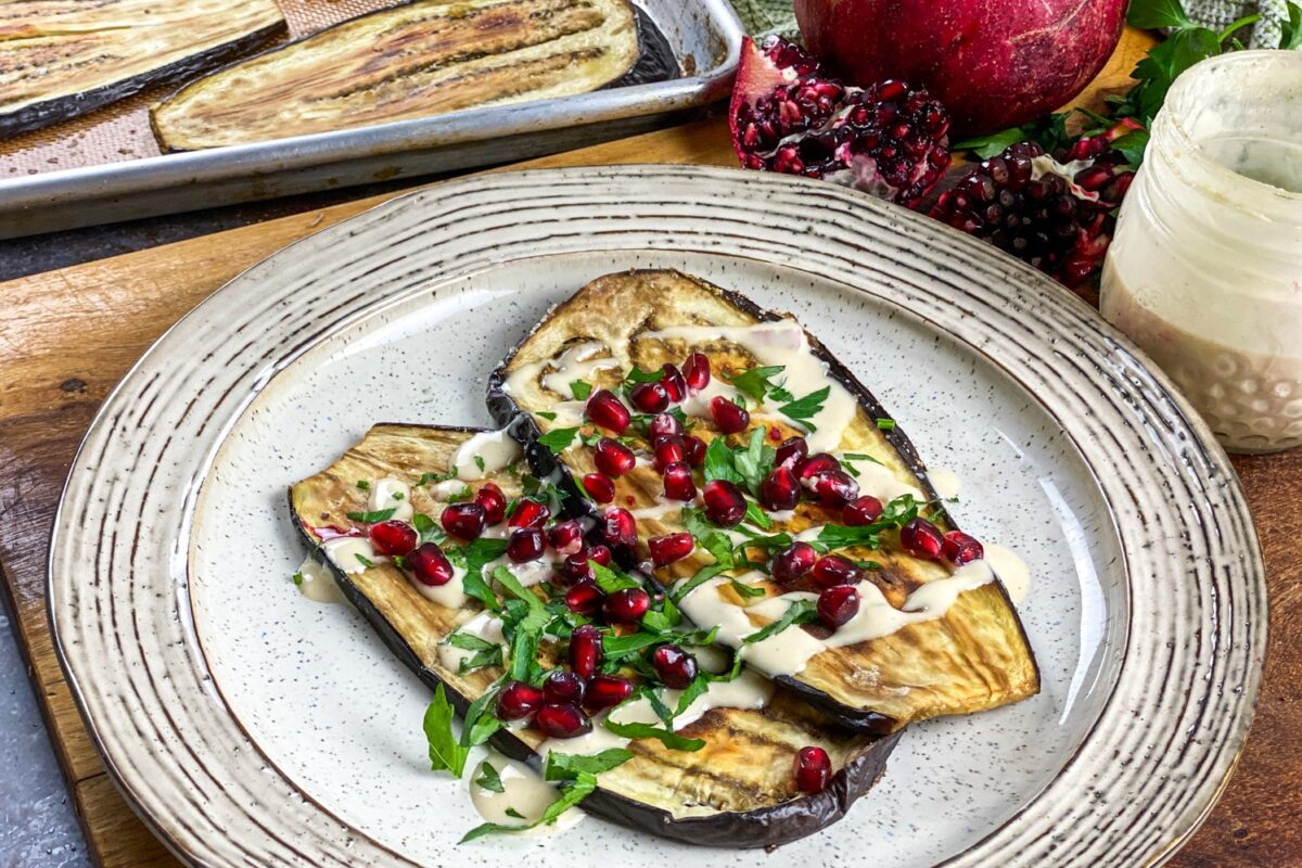 Medium-Roasted Eggplant with Tahini and Pomegranate