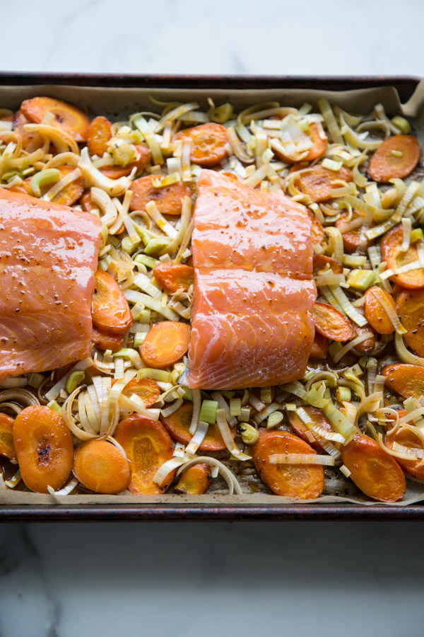 Sheet Pan Harissa-Spiced Salmon with Roasted Carrots and Chickpeas