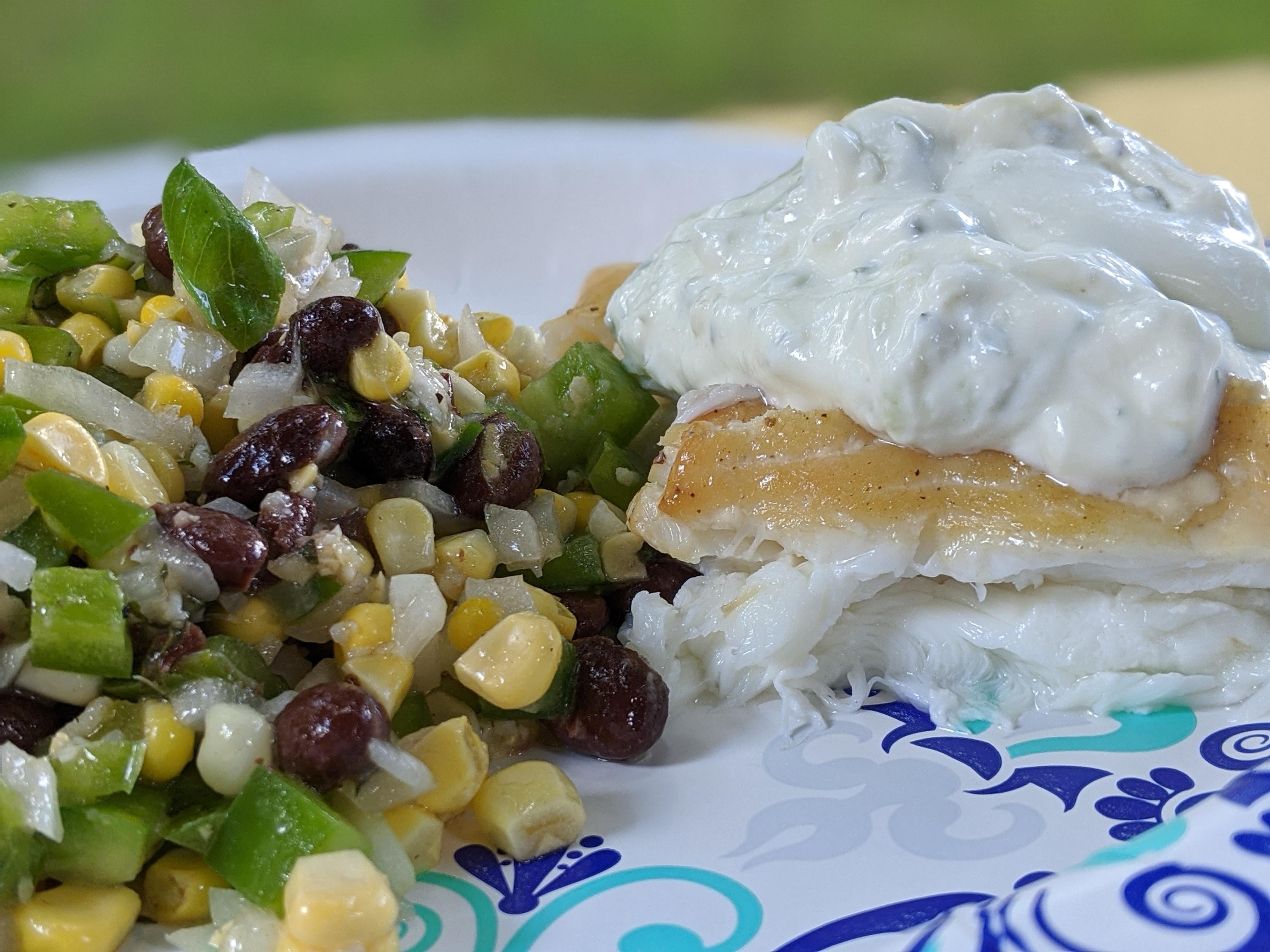 Grilled Alaskan Halibut with Spiced Summer Corn Salad