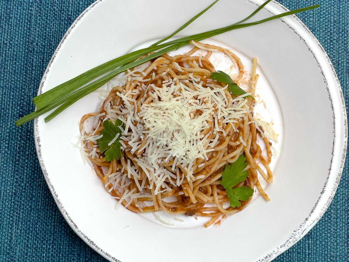Pasta Bolognese with Ground Beef and Roasted Cherry Tomatoes