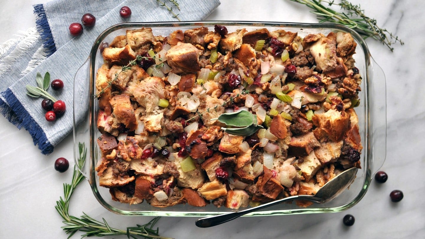 Baked Cranberry, Cherry, and Walnut Bread Stuffing
