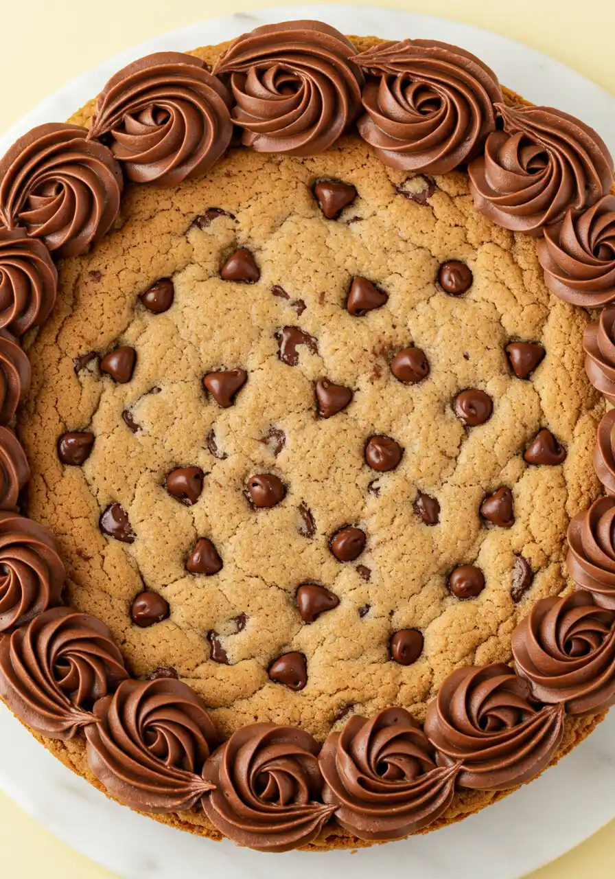 Chewy Heart-Shaped Chocolate Chip Cookie Cake with M&M Topping