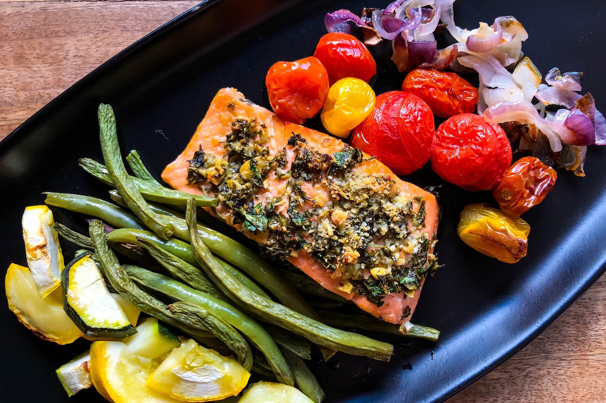 Perennial Herb-Crusted Salmon with Garden Vegetable Medley