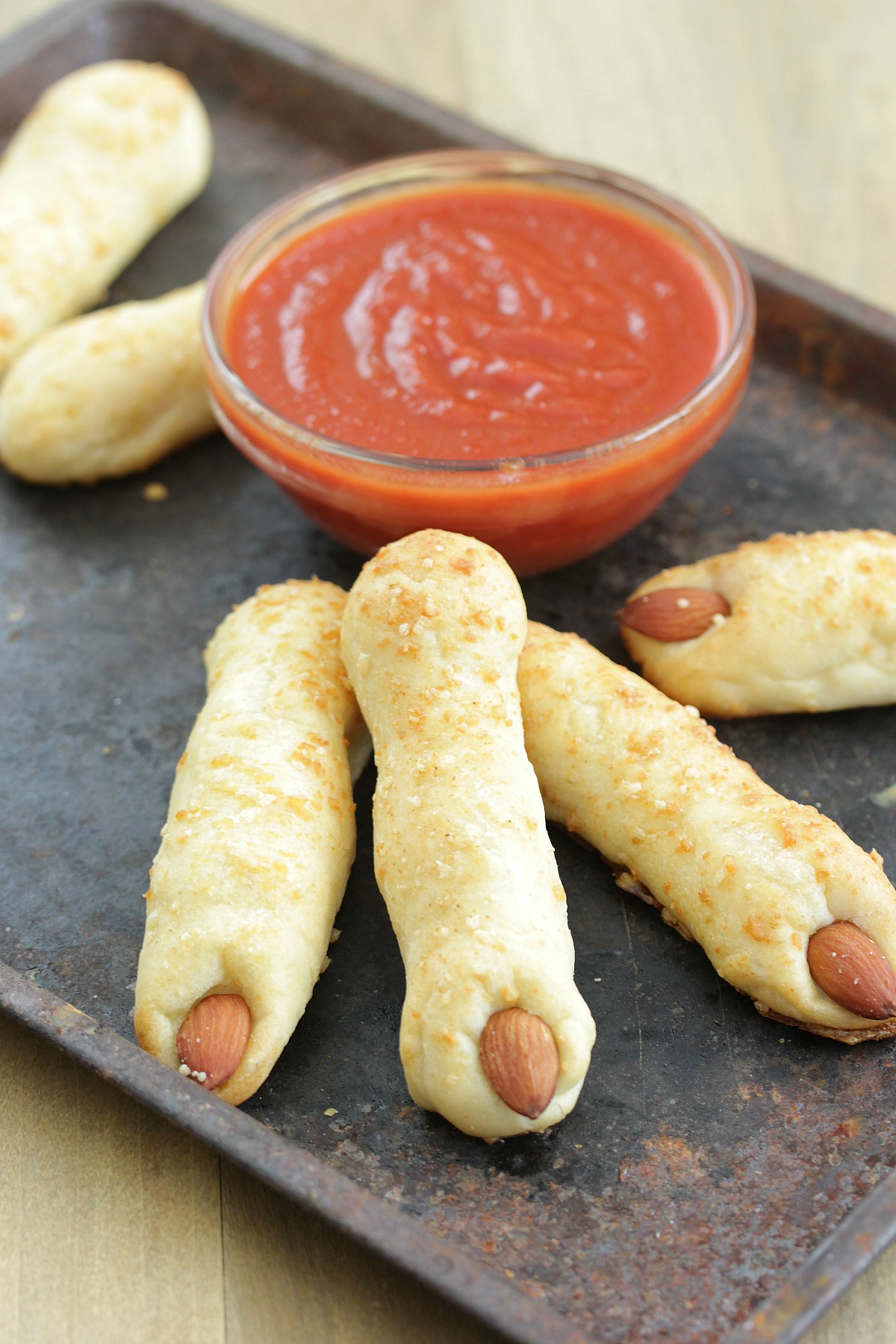 Bell Pepper Topped Vegan Witch Finger Breadsticks