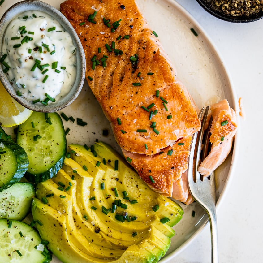 Pan-Seared Salmon with Quinoa and Lemon-Dill Yogurt Sauce