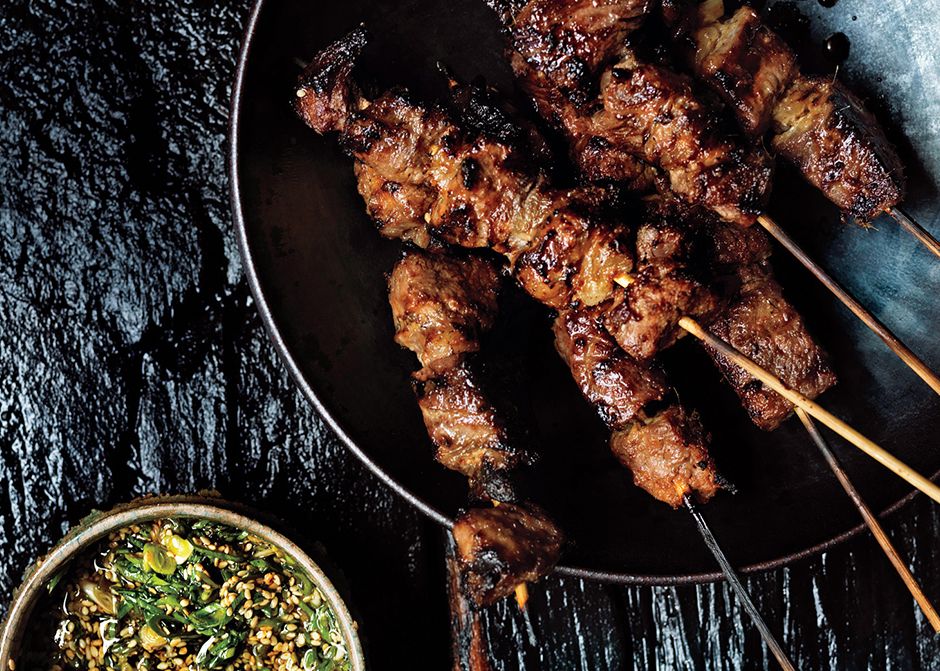 Griddled Street-Style Beef Skewers with Charred Scallion Sauce