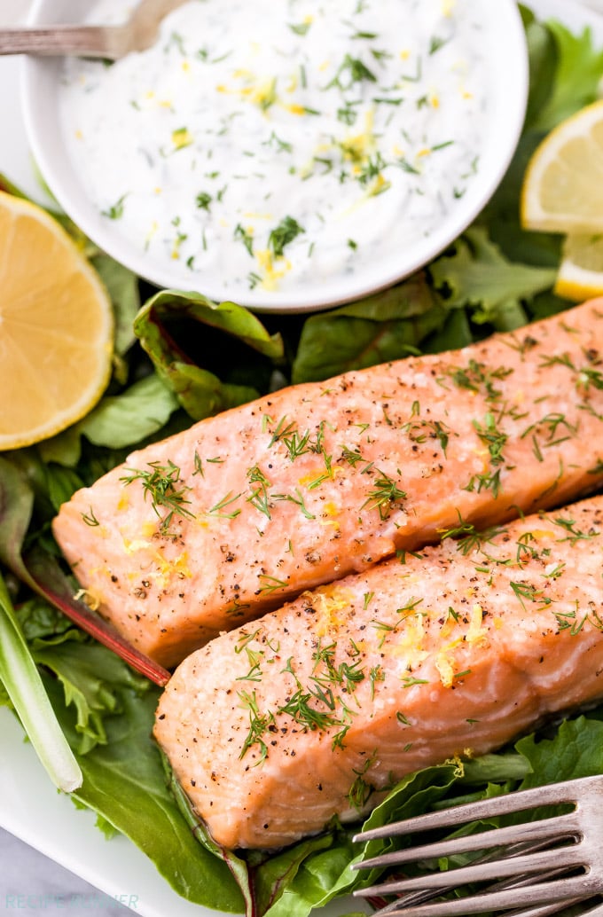 Pan-Roasted Salmon with Lemon Dill Yogurt Sauce