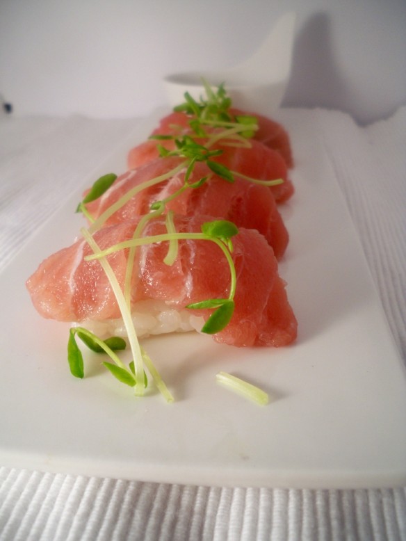 Hand-Rolled Tuna and Salmon Nigiri with Vinegared Sushi Rice