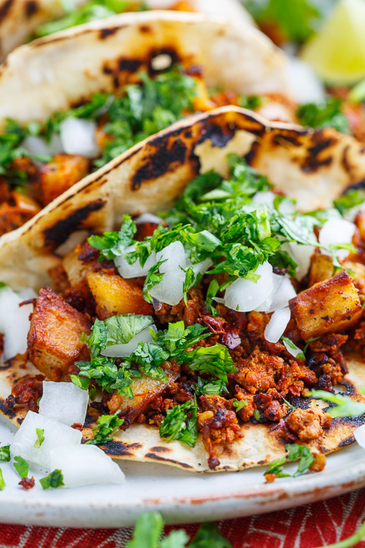Spanish-Style Chorizo and Potato Tacos with Cilantro Lime Slaw