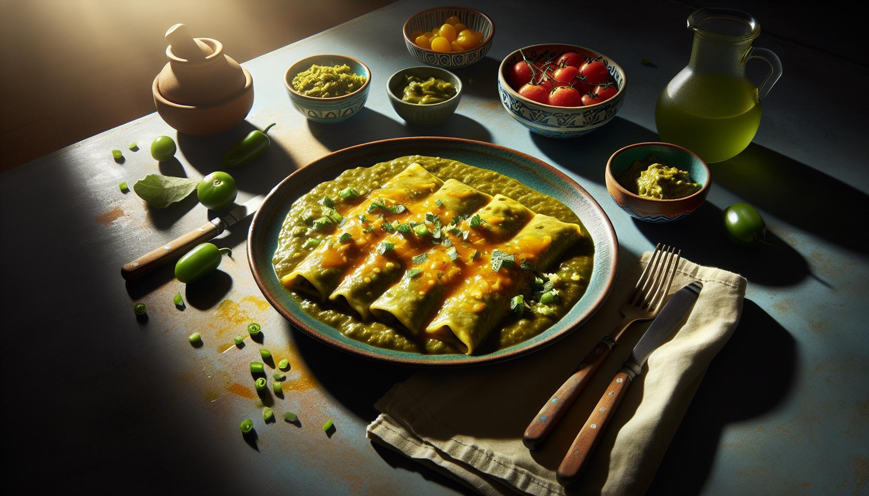 Pan-Seared Chicken Enchiladas with Green Tomatillo Sauce