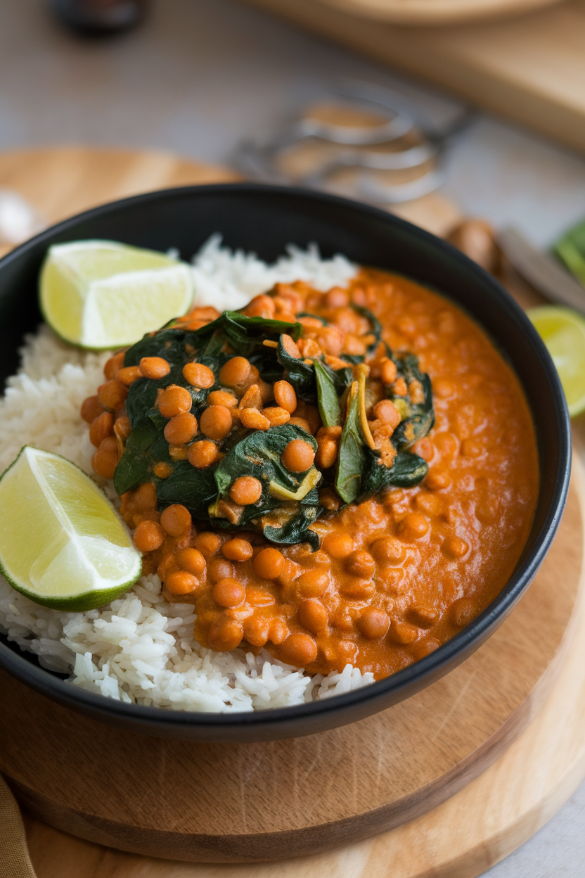 Slow-Simmered Red Lentil Curry with Coconut and Spinach