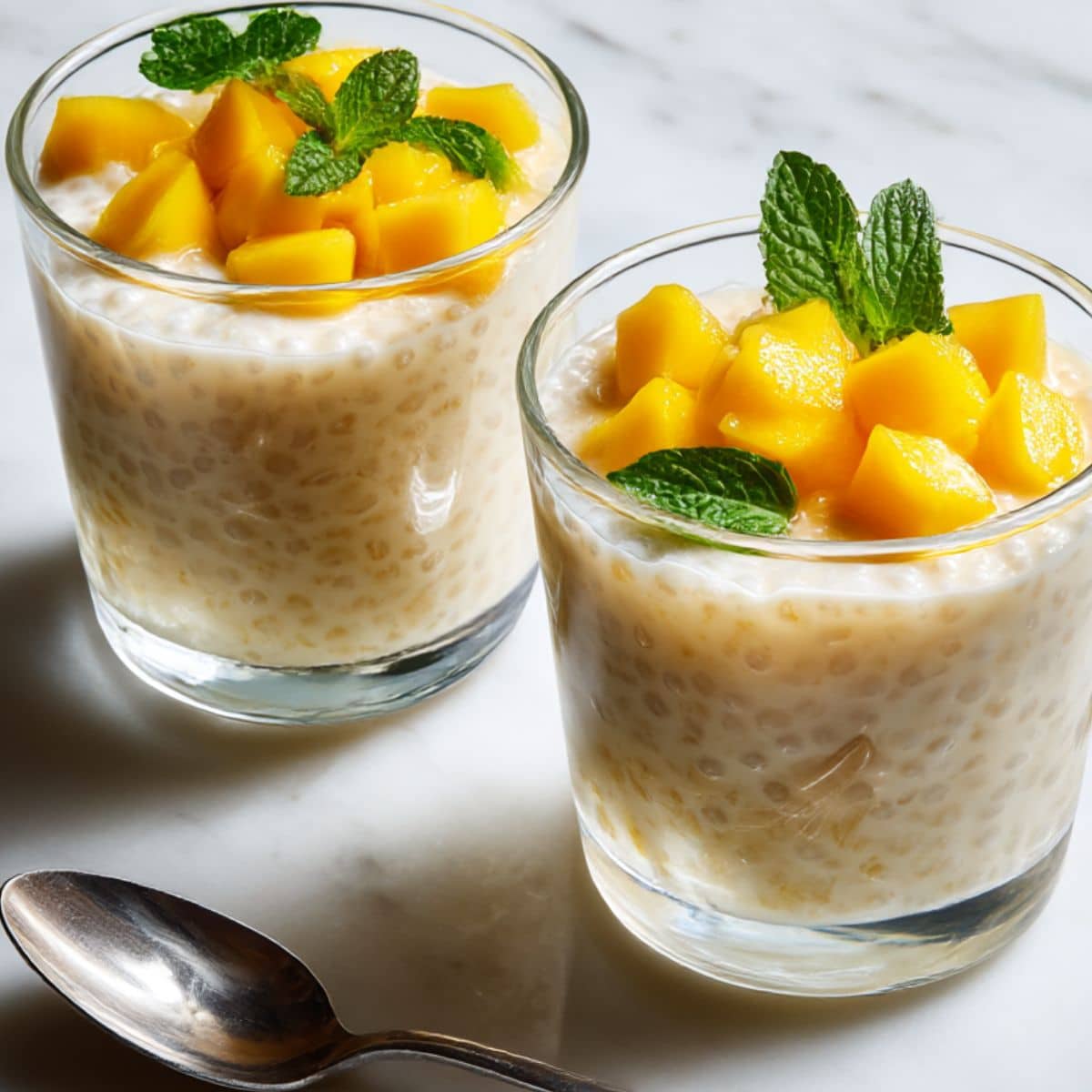 Sweet Coconut Tapioca Pudding with Mango