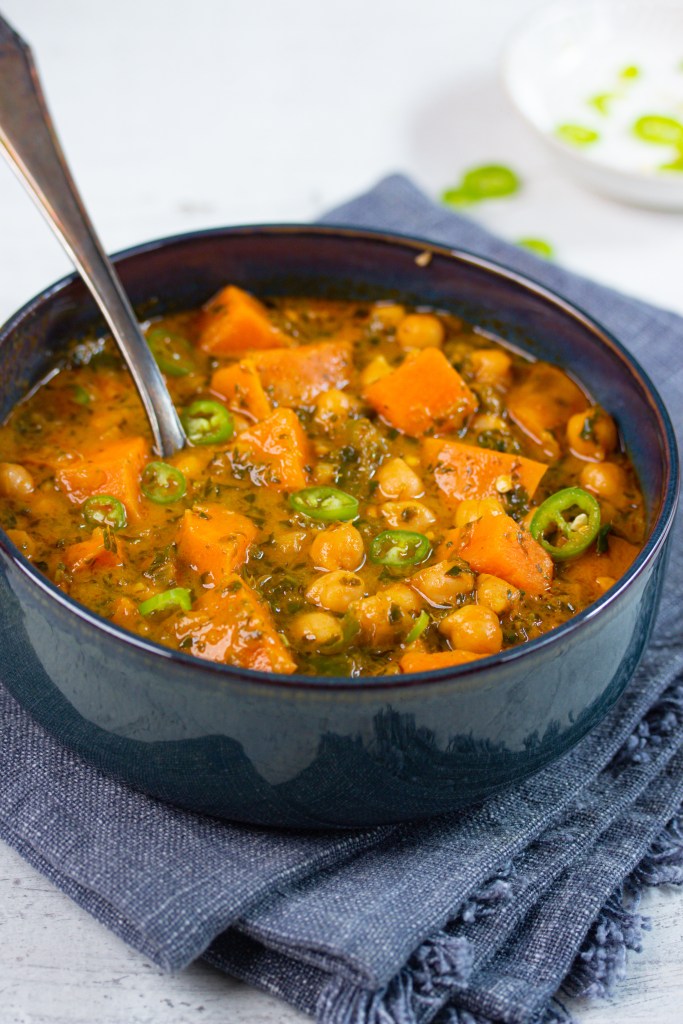 Spiced Holiday Chickpea Stew with Kale and Sweet Potatoes